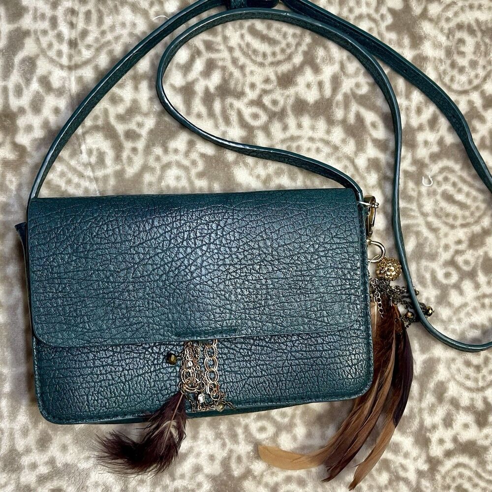 Boho Faux Leather Crossbody Clutch Purse w Feather Charm Adj Strap 6x8.5